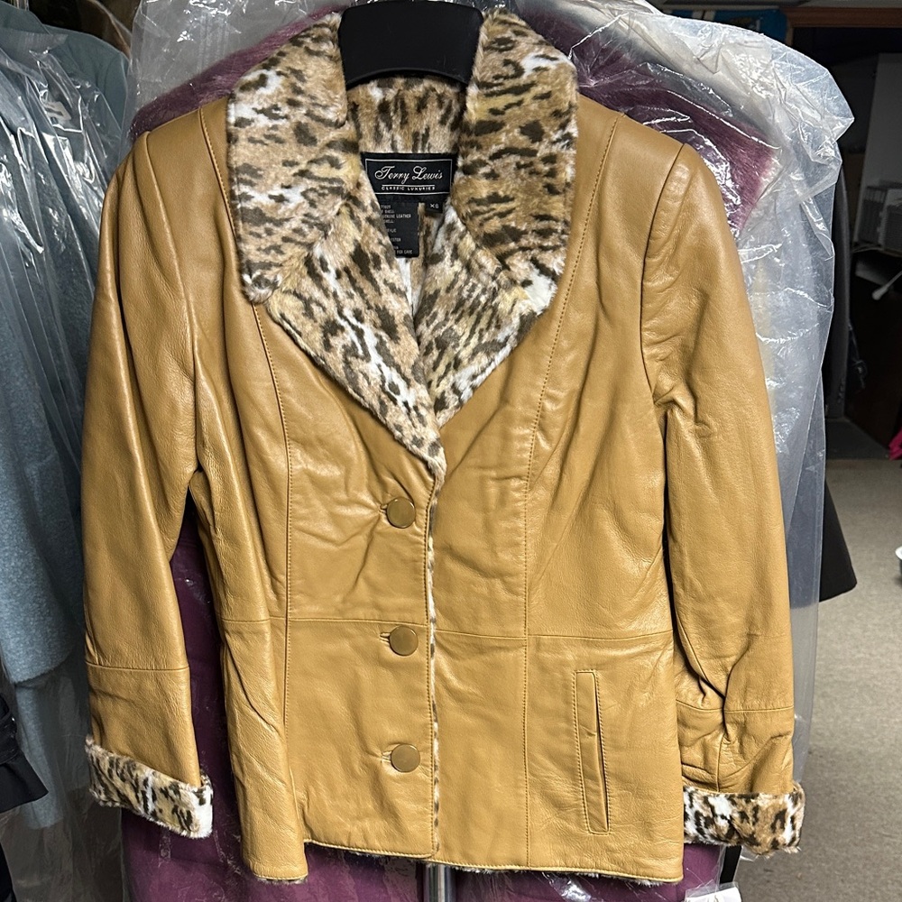 Terry Lewis Classic Luxuries Camel Leather Jacket with Animal Print Accents